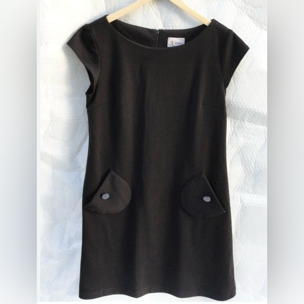 K STUDIO 14 Boat Neck Cap Sleeve Back Zip Little Black A Line Dress Pockets